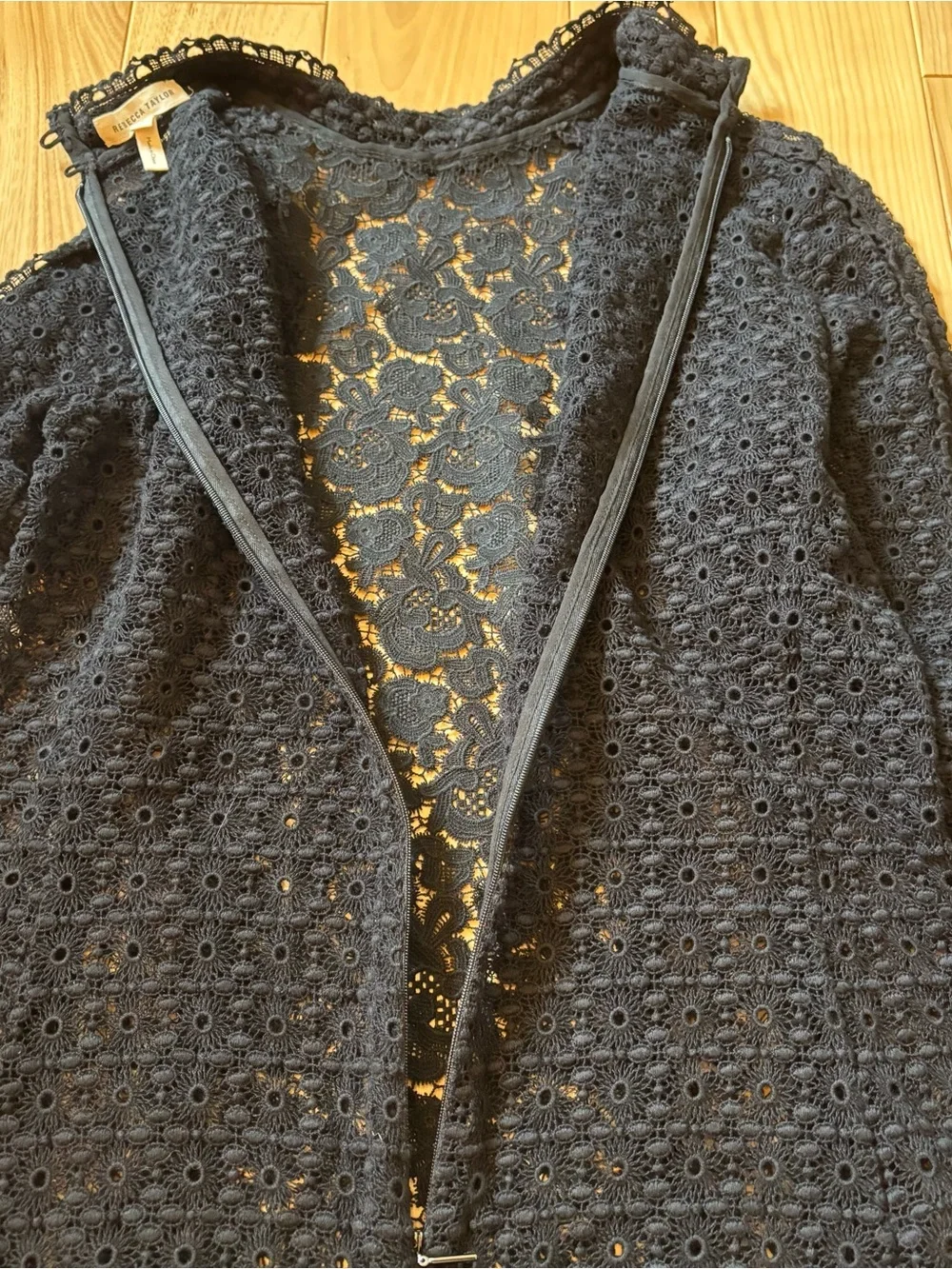 Rebecca Taylor Black Lace Embellished High Neck Long Sleeve Top